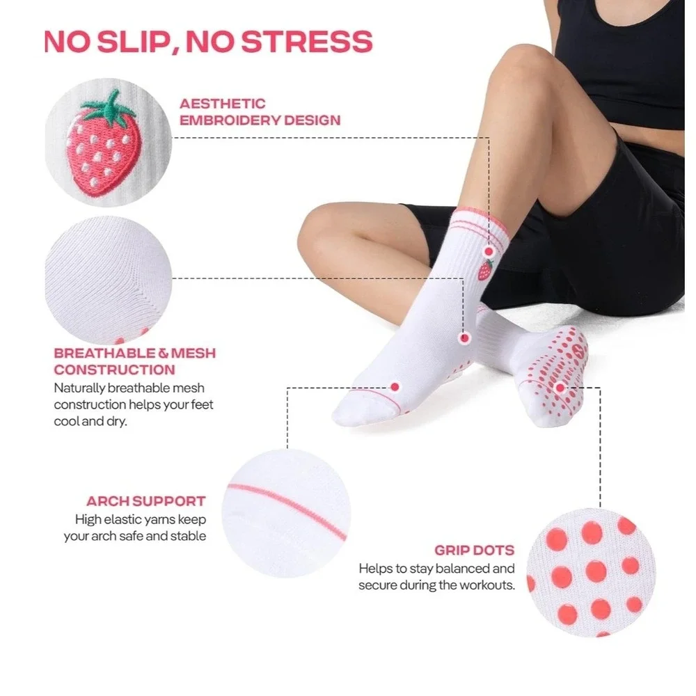 Coolmate Strawberry Embroidered Yoga Pilates Grip Socks White Pink OS 6-10